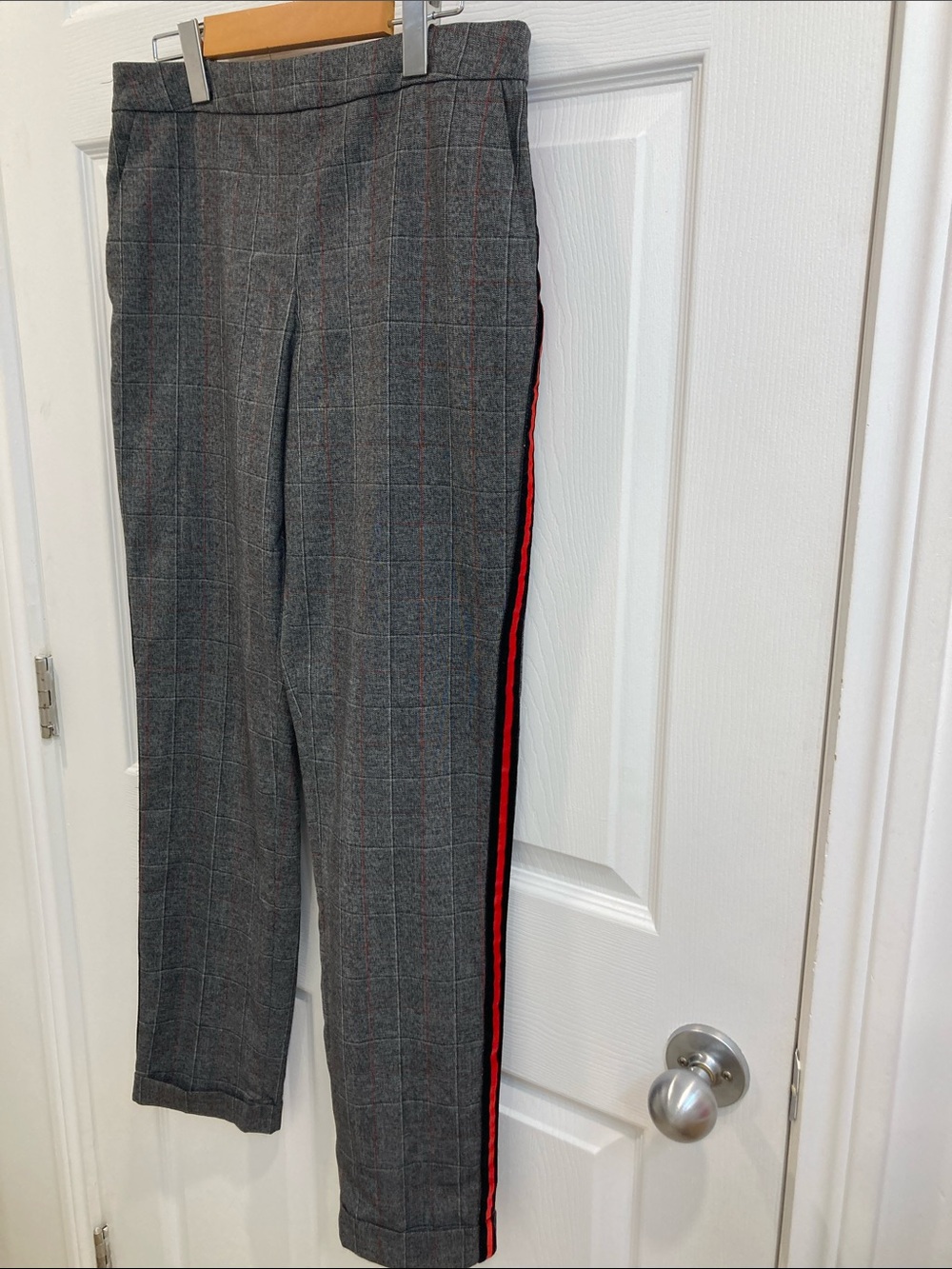 Women’s Gray Plaid Trousers with Red Side Stripe
